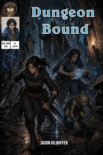 Dungeon Bound: Issue #2 digital comic cover with Sam, Jondar, Alton, and The Warden in The Depths