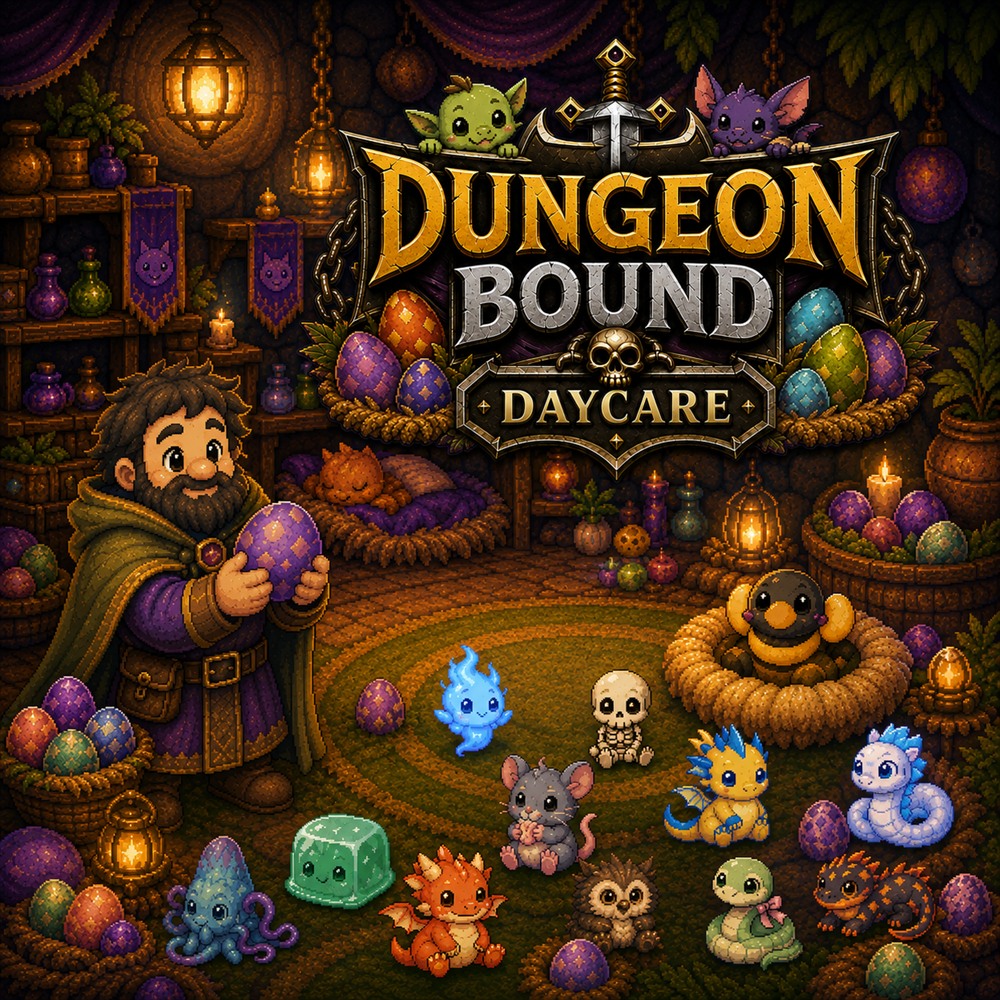 Dungeon Bound Daycare nursery scene with enchanted eggs and baby monsters