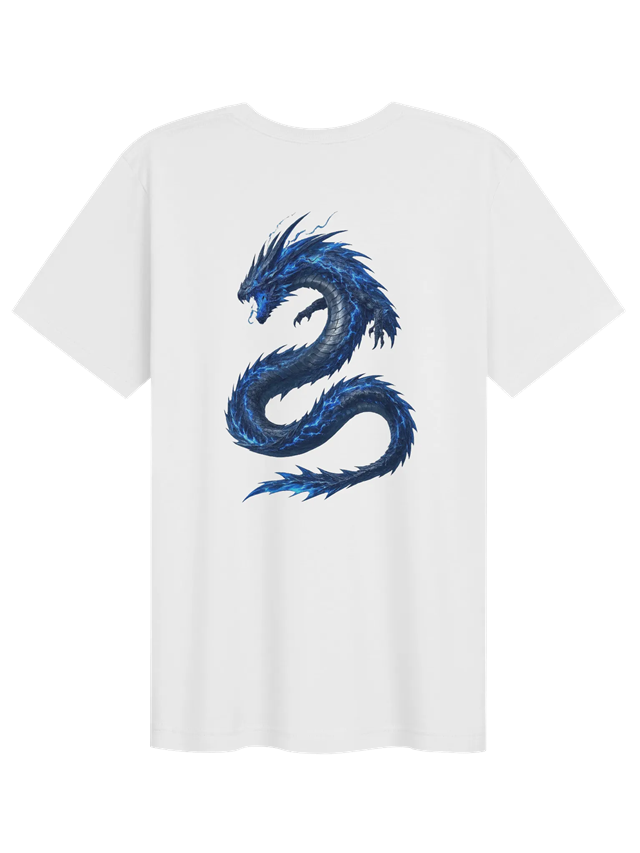Back of white Dungeon Bound Dragon Tee with blue dragon design