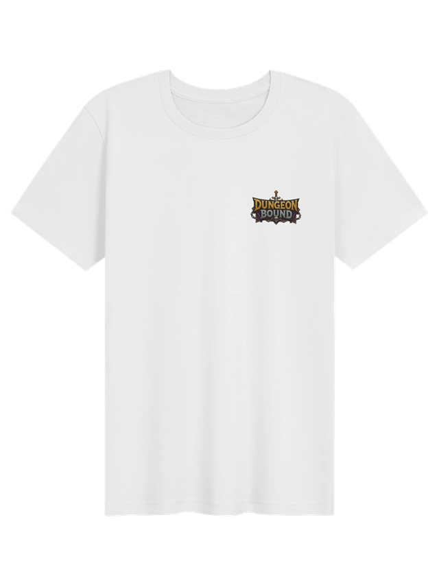Front of white Dungeon Bound Dragon Tee with small Dungeon Bound logo